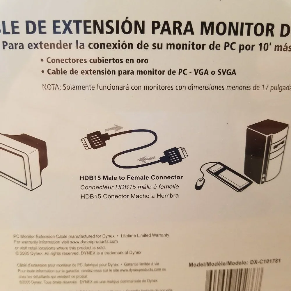 Dynex VGA Display Extension Cable 10 ft. NIB